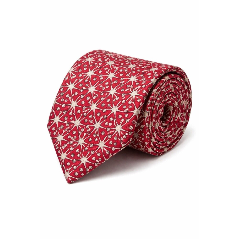 HERMÈS PARIS RED SILK TIE GEOMETRIC STAR PRINT LUXURY EUC